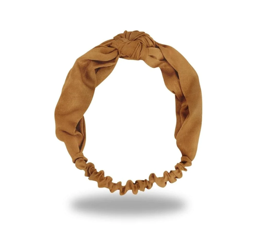 Faixa de cabelo de tecido castanho com nó decorativo e elástico