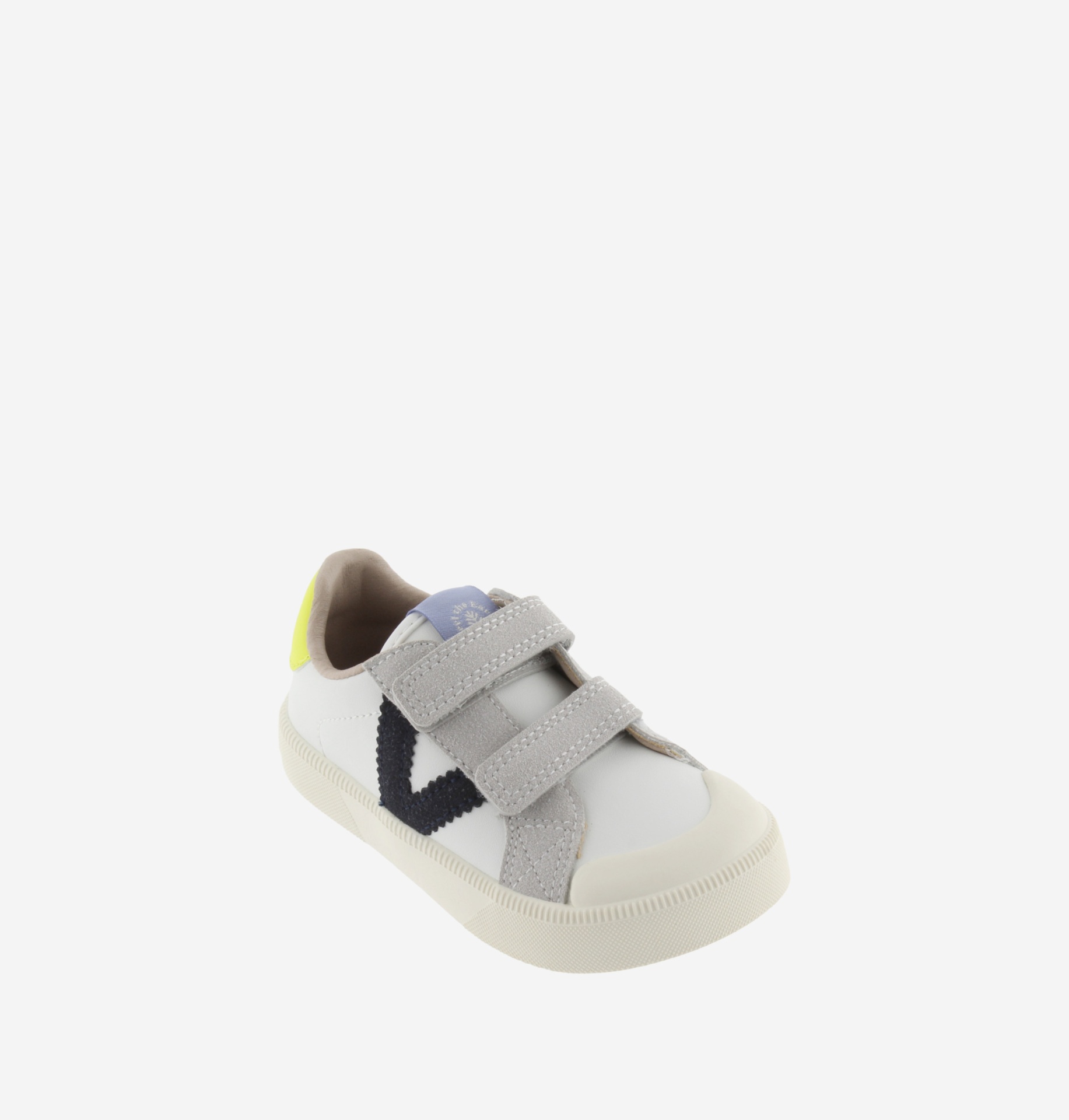 Ténis infantil branco com velcros cinza e detalhe azul e amarelo