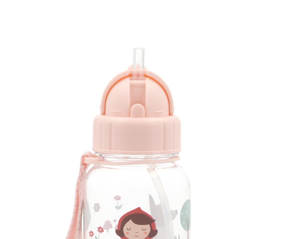 Garrafa de plástico transparente com tampa rosa e desenho infantil