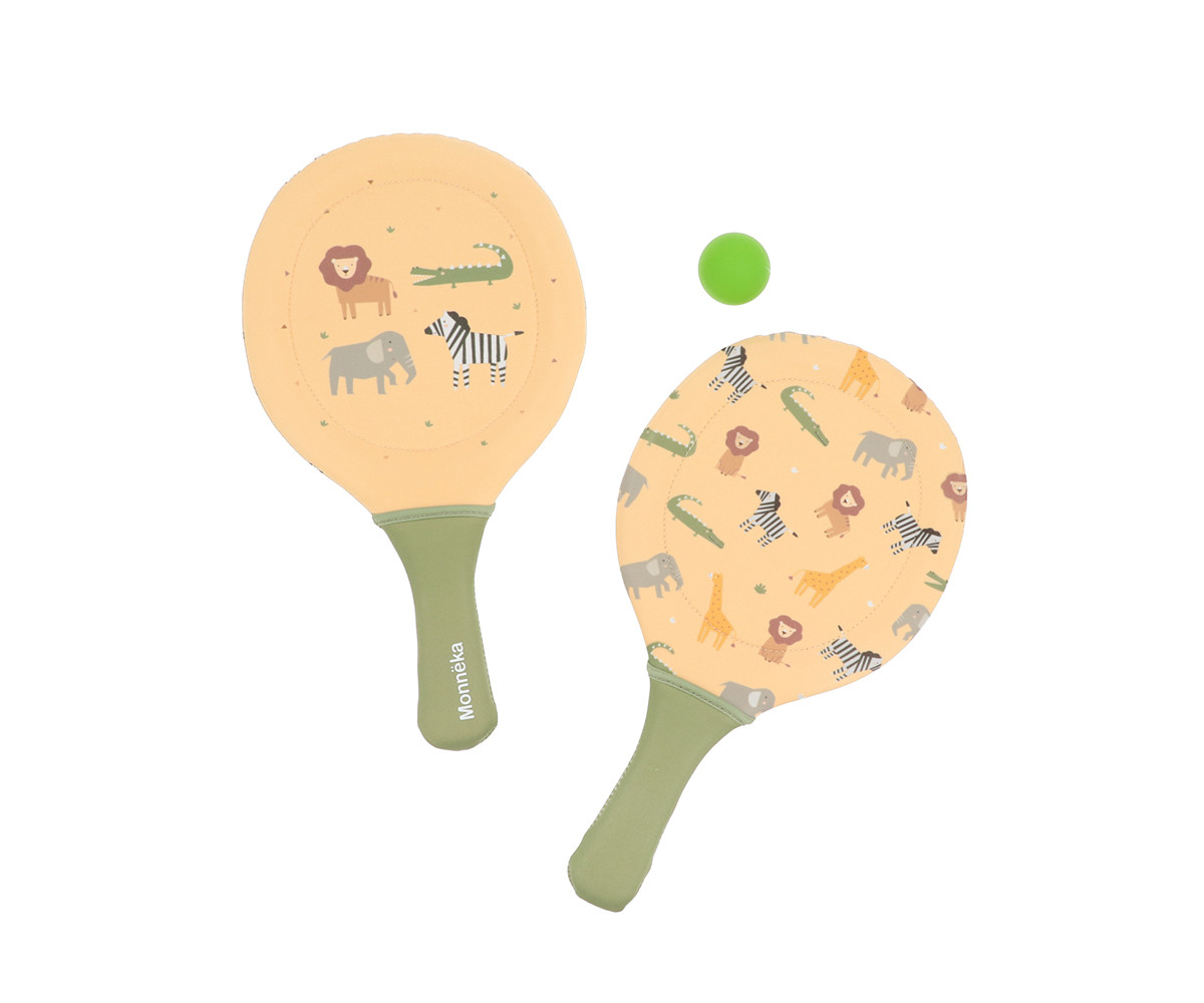 Conjunto de raquetes infantis com desenhos de animais e bola verde