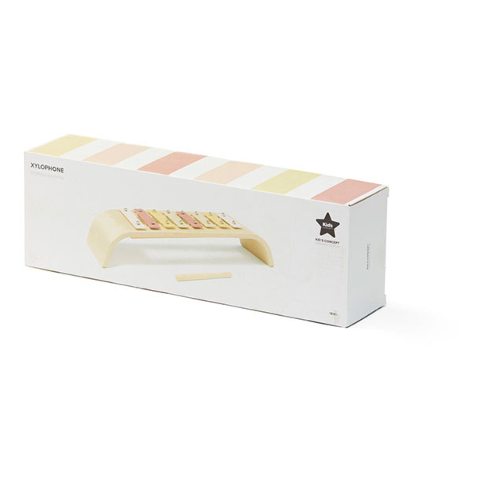 Caixa de xilofone de madeira com barras coloridas pastel e baqueta