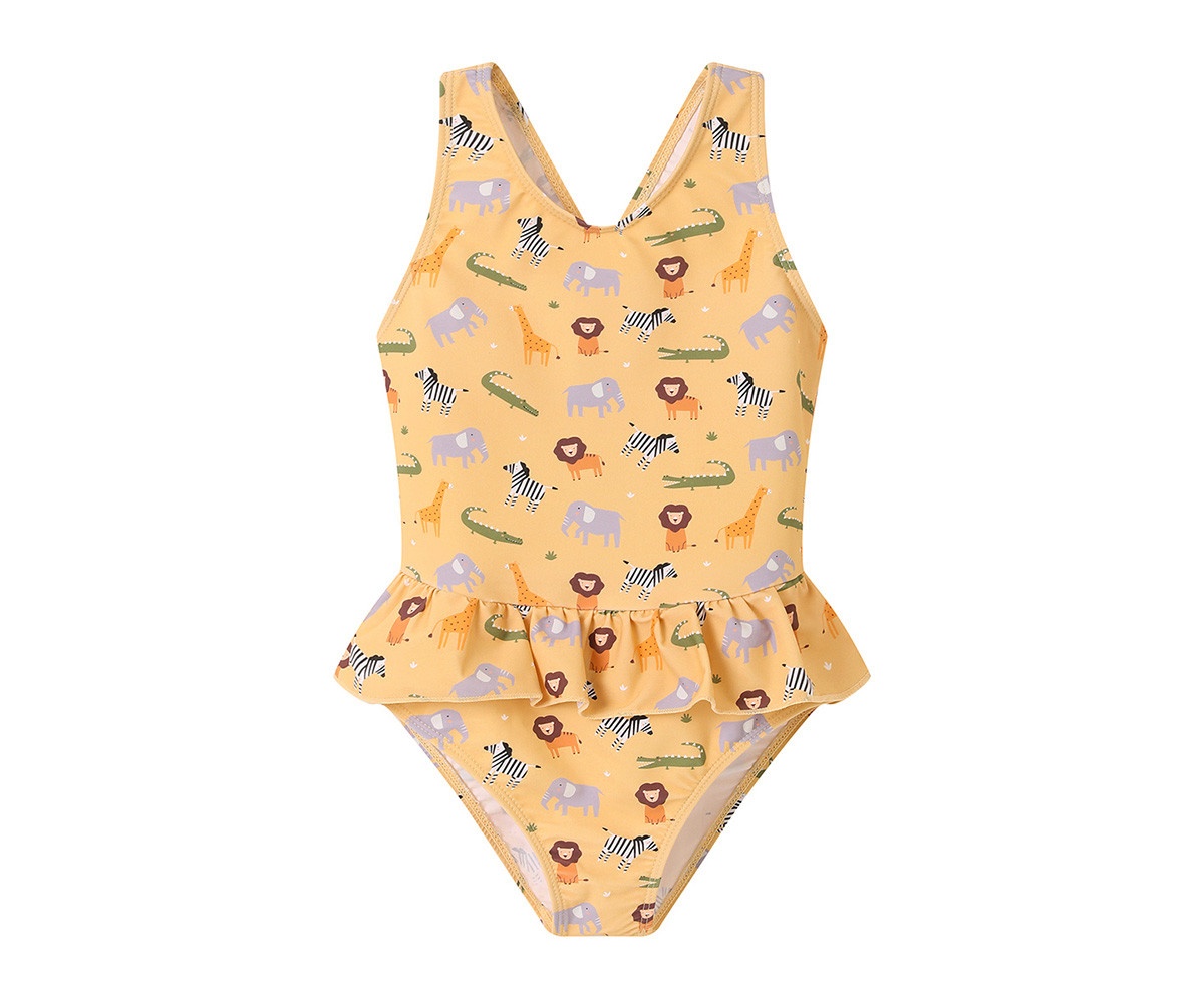 Fato de banho infantil amarelo com padrão de animais e saia rodada