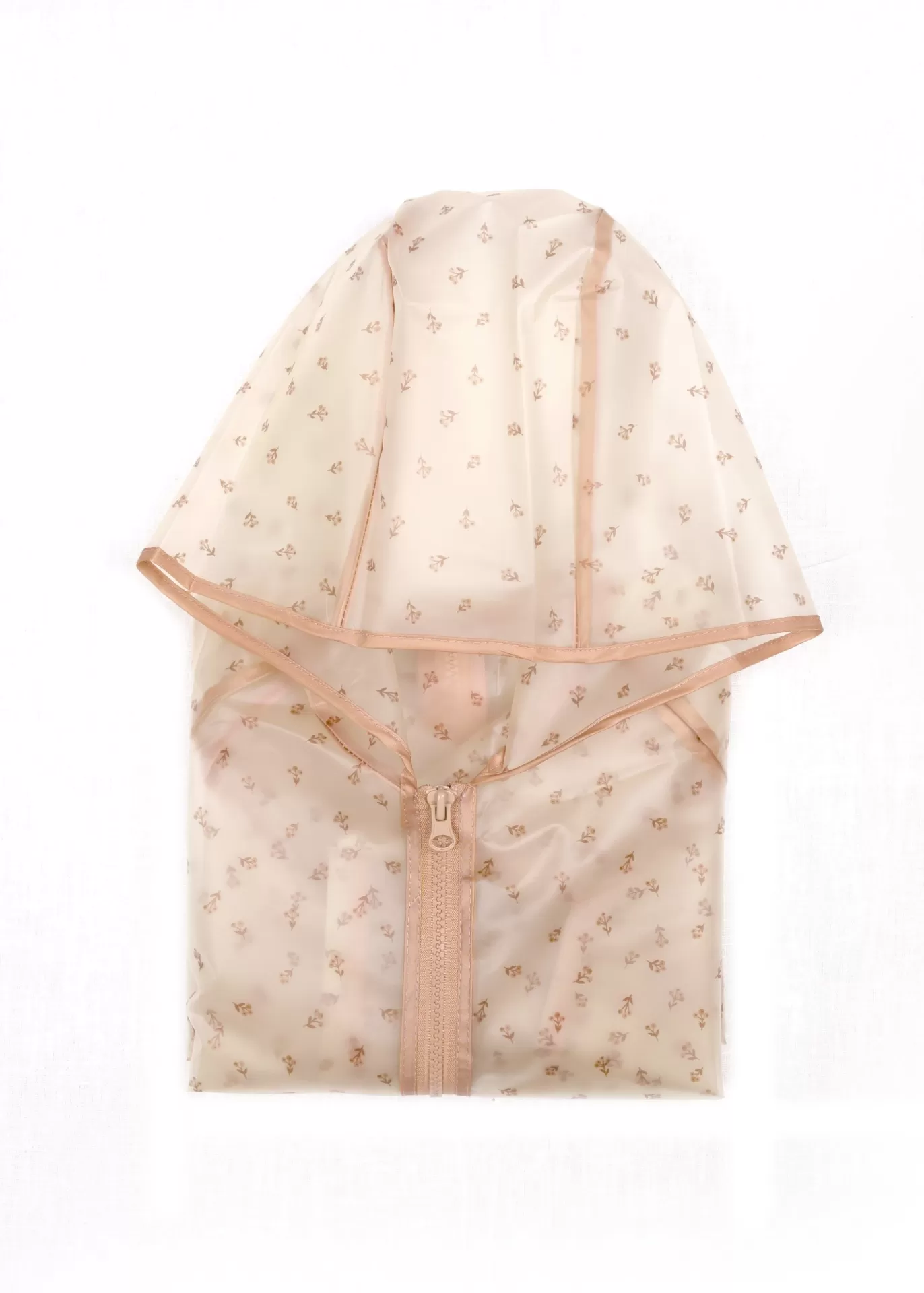 Capa de chuva bege transparente com flores e fecho de correr rosa