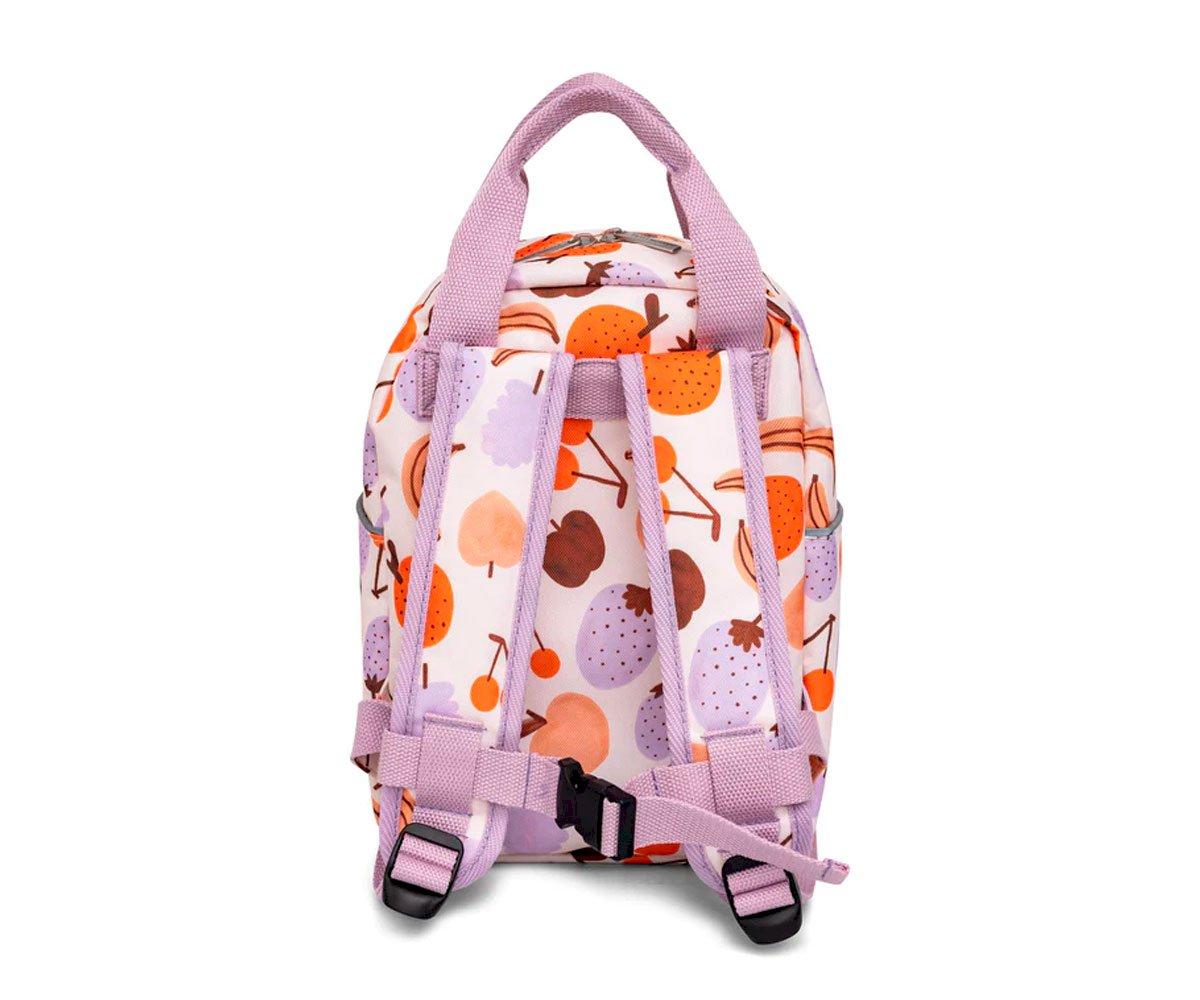 mochila infantil com padrão de frutas e alças cor-de-rosa
