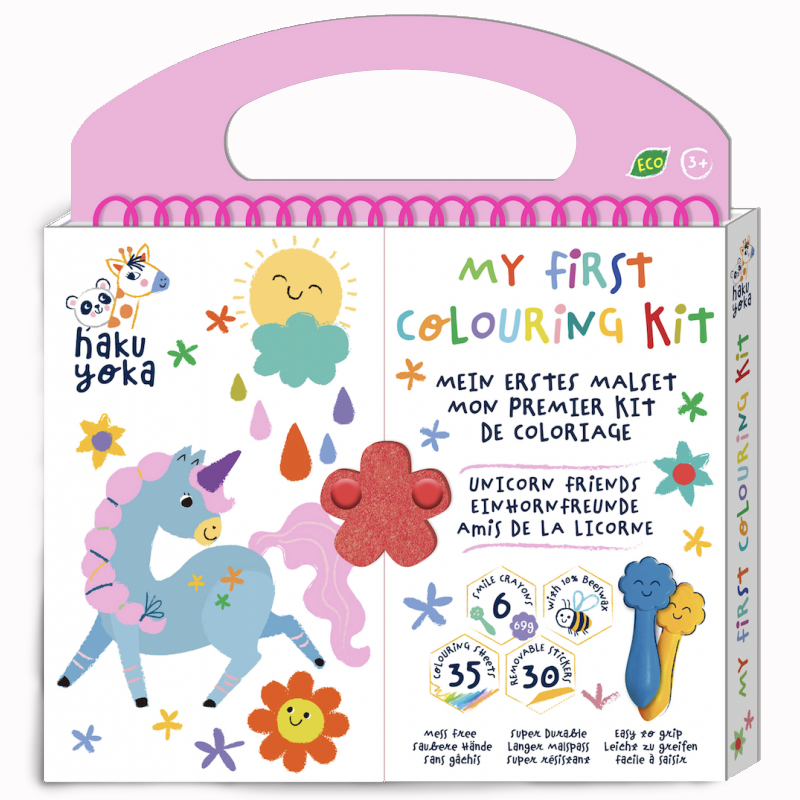 Kit de colorir infantil com tema de unicórnios e flores em embalagem branca com alça rosa