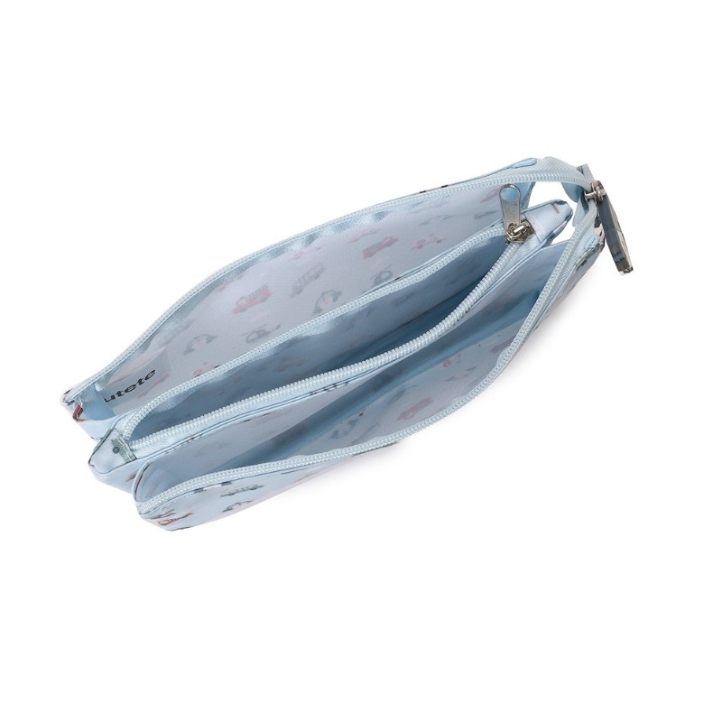 Carteira azul claro com fechos e interior estampado