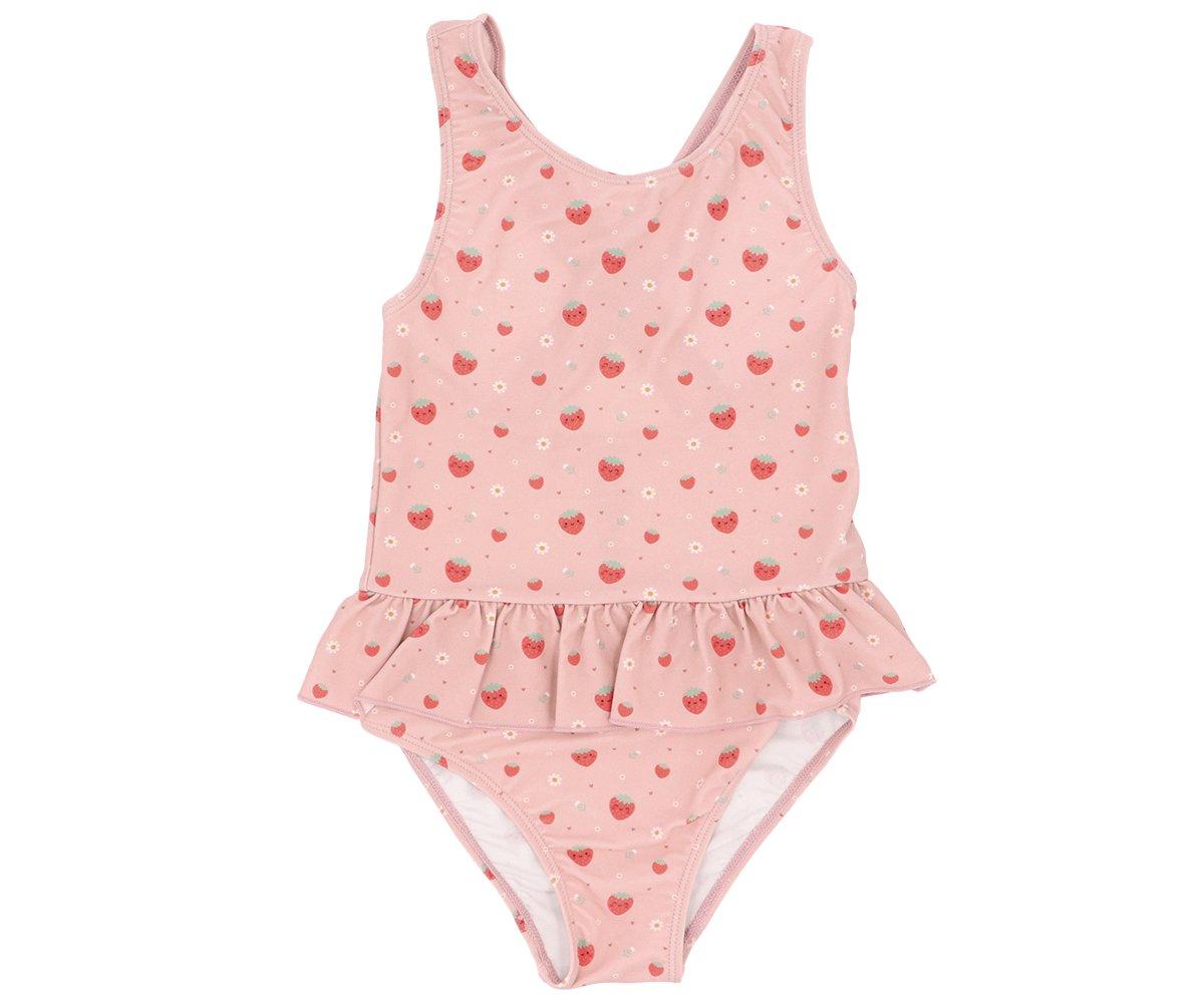Fato de banho infantil rosa com morangos e corações, com saia franzida