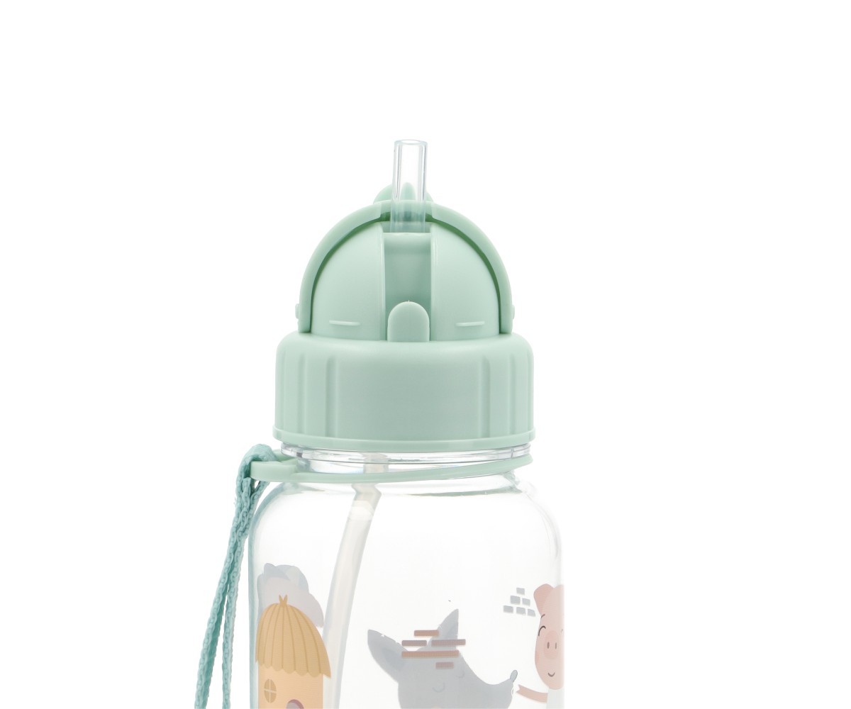 Garrafa de plástico transparente com tampa verde claro e bico de canudo