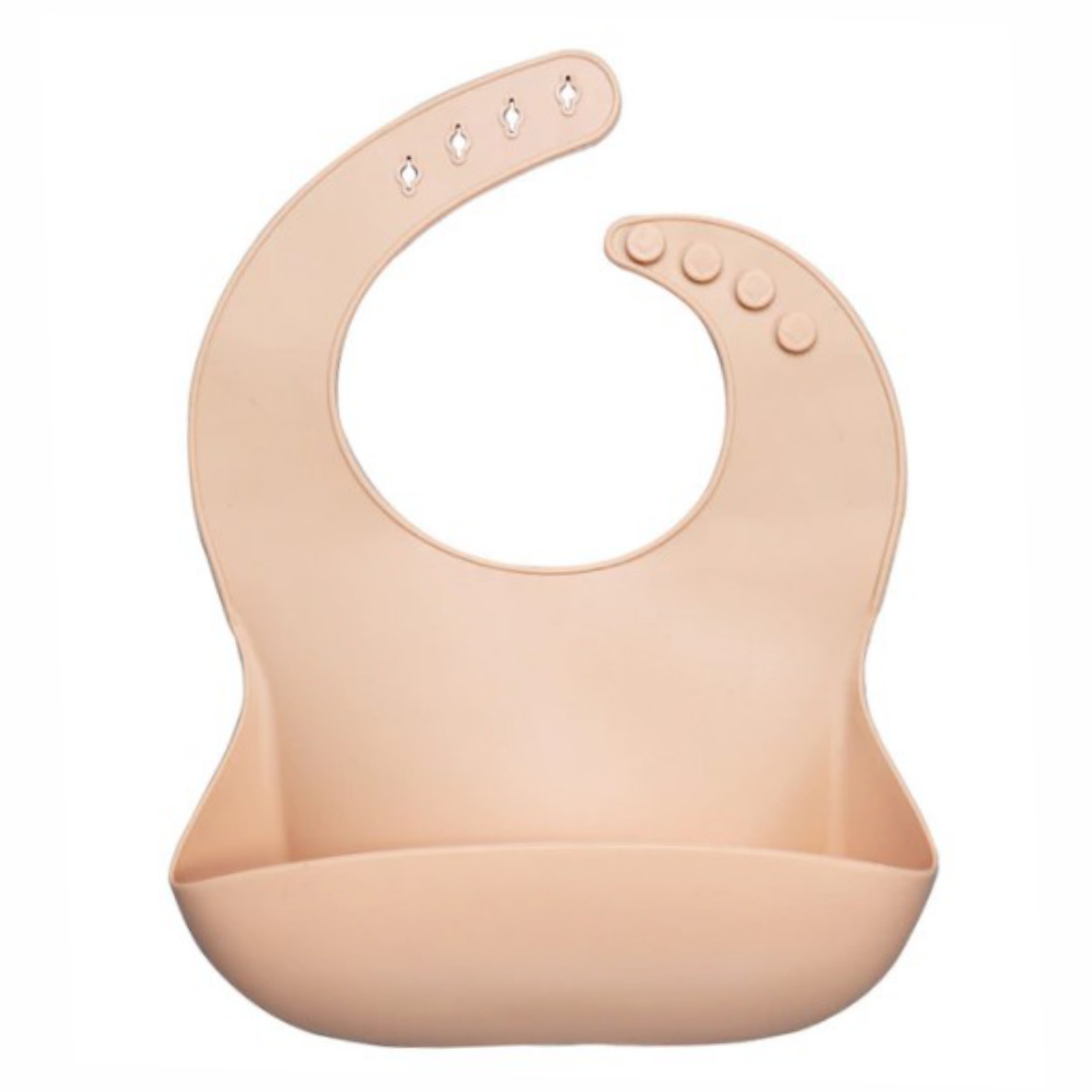 Babete de silicone bege com encaixes ajustáveis e bolso frontal