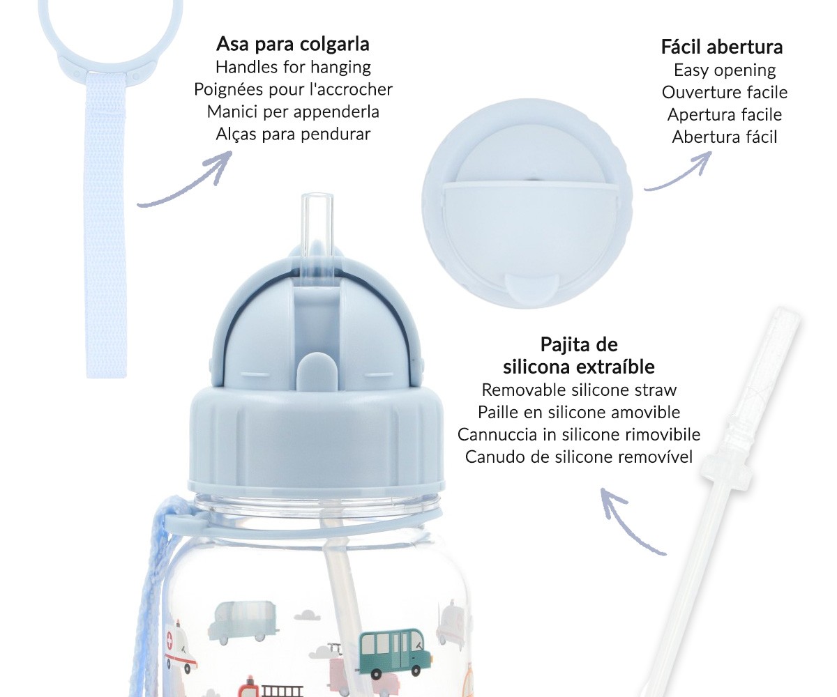 Garrafa de água transparente com tampa cinza e canudo de silicone removível