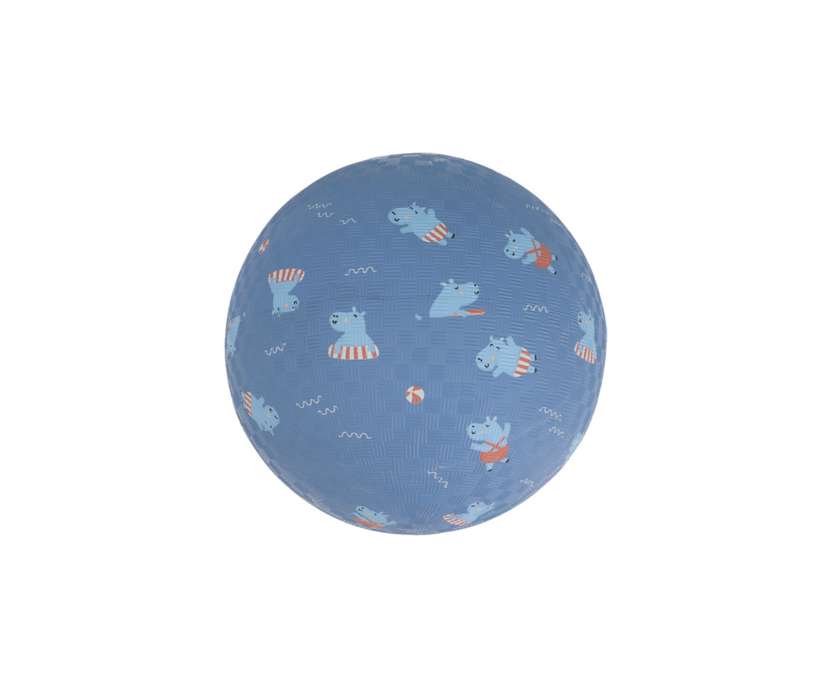 Bola azul claro com padrão de hipopótamos e elementos de praia