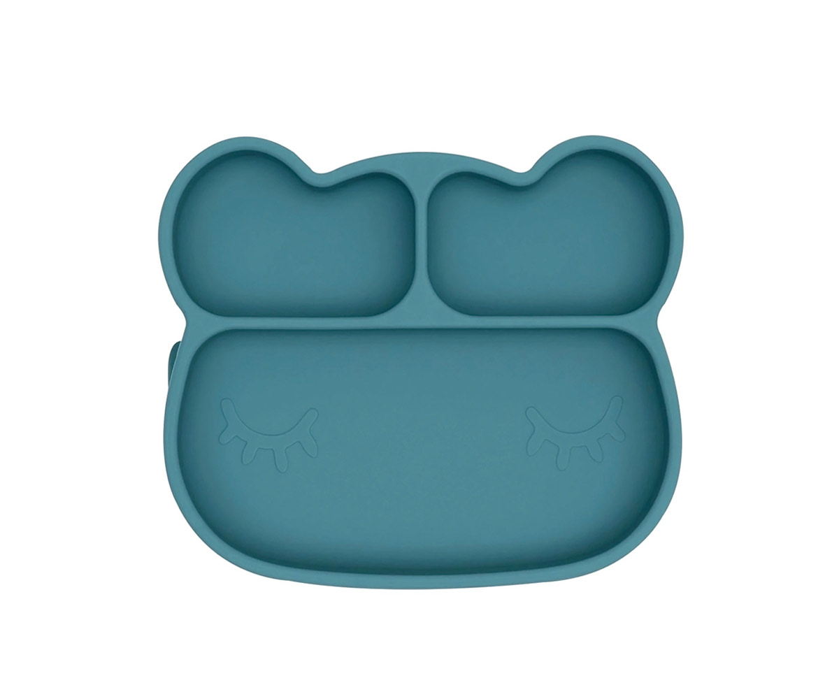 Prato infantil azul em silicone com compartimentos e formato de urso