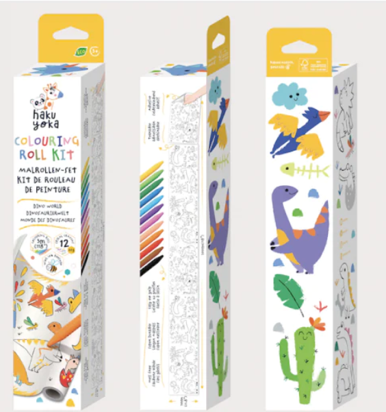 Kit de pintura infantil com rolo para colorir e marcadores coloridos, embalagem vertical com desenhos de dinossauros e outros animais.