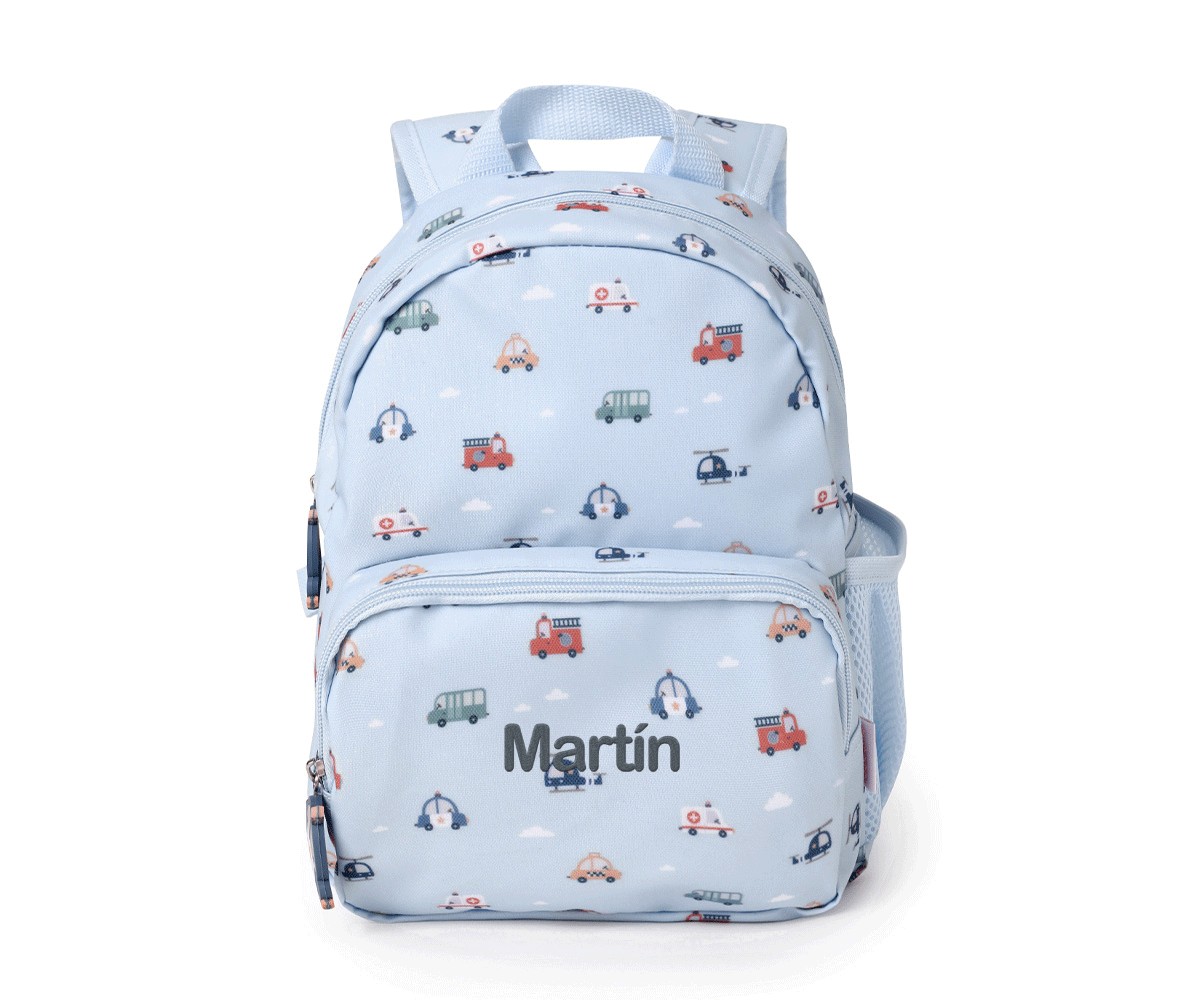 Mochila azul clara para crianças com padrão colorido e nome 