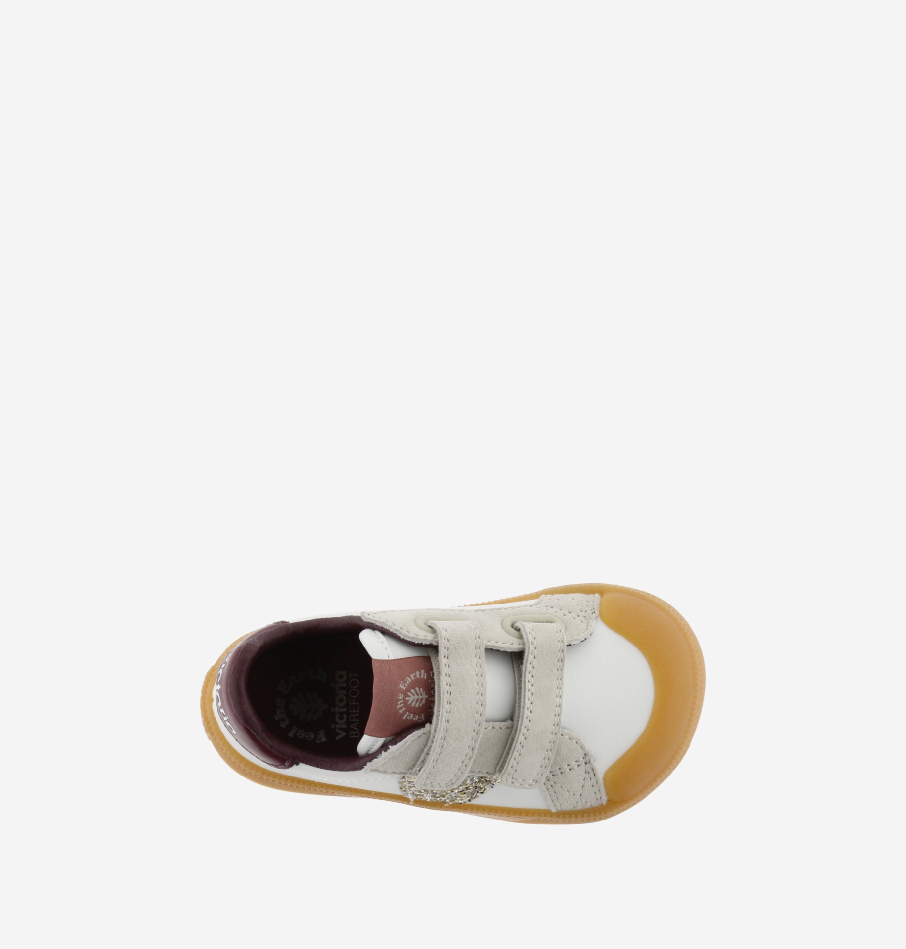 Sapatilha branca para bebé com sola castanha e fechos de velcro