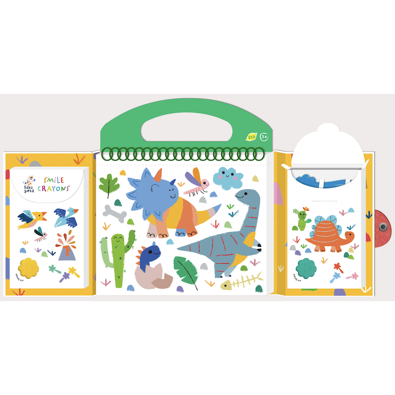 Conjunto infantil Smile With Crayons com lápis, caderno e desenhos de dinossauros
