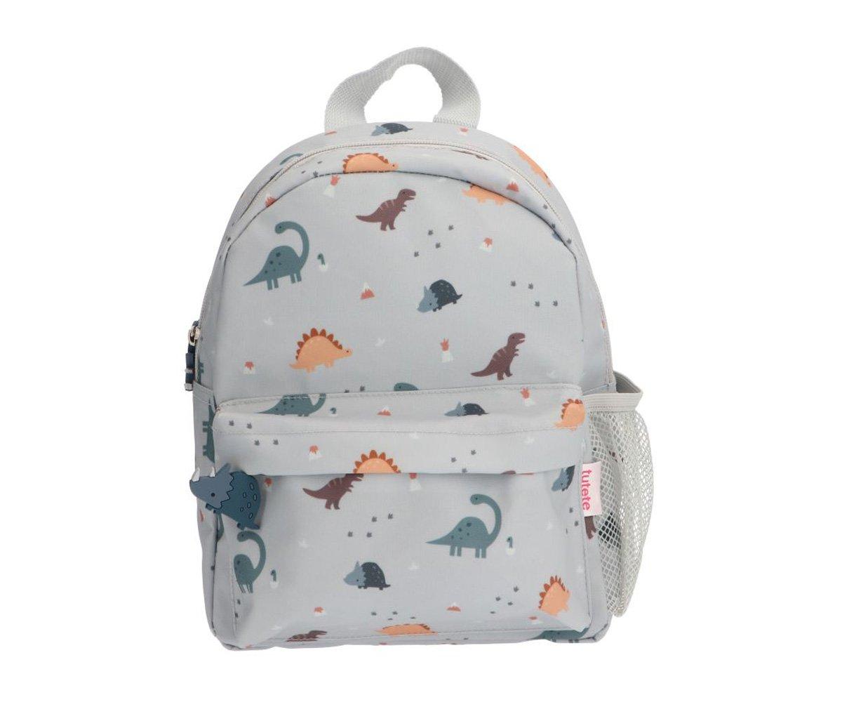 Mochila cinzenta para crianças com padrão de dinossauros coloridos