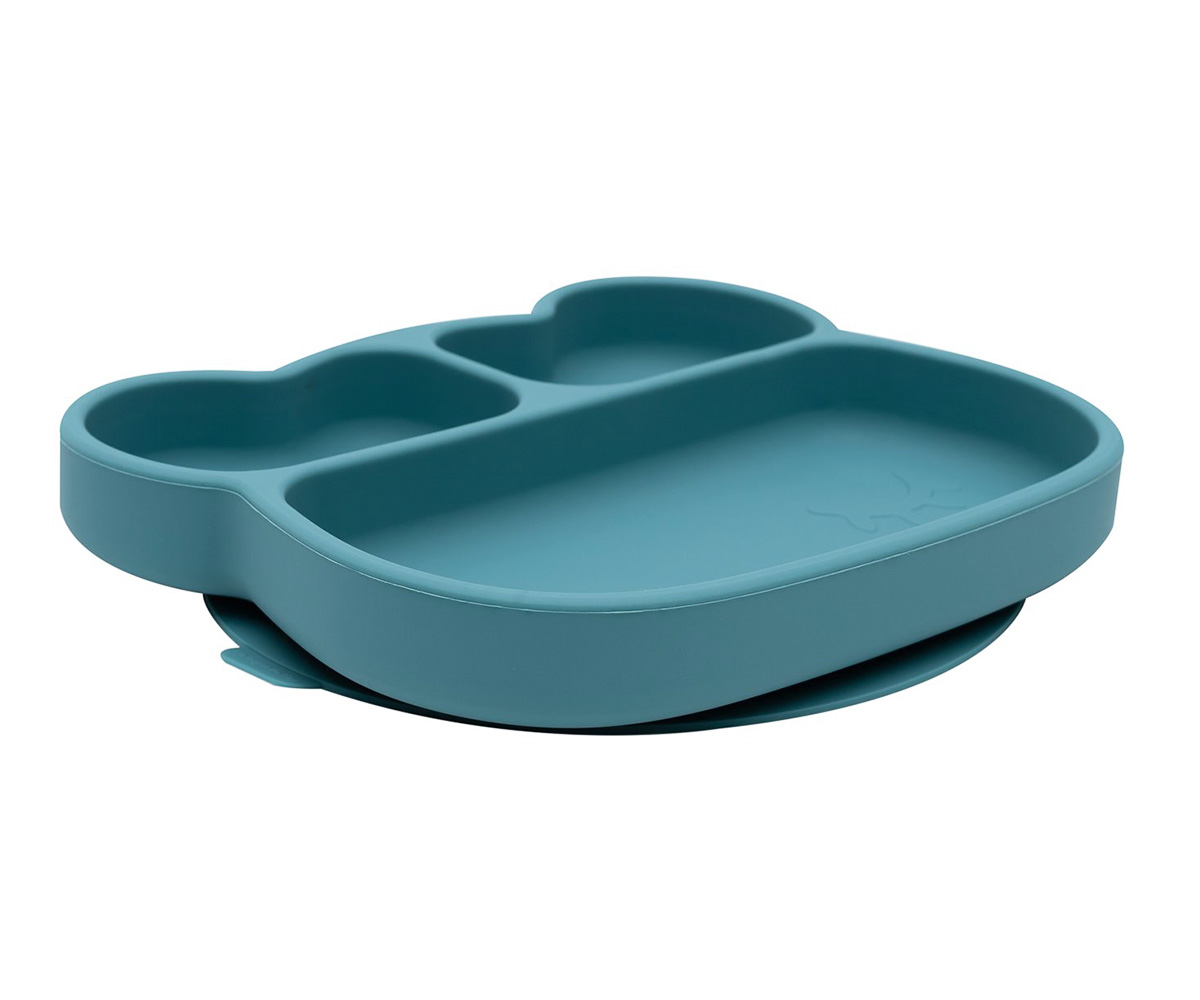Prato infantil dividido em três compartimentos azul de silicone com base antiderrapante