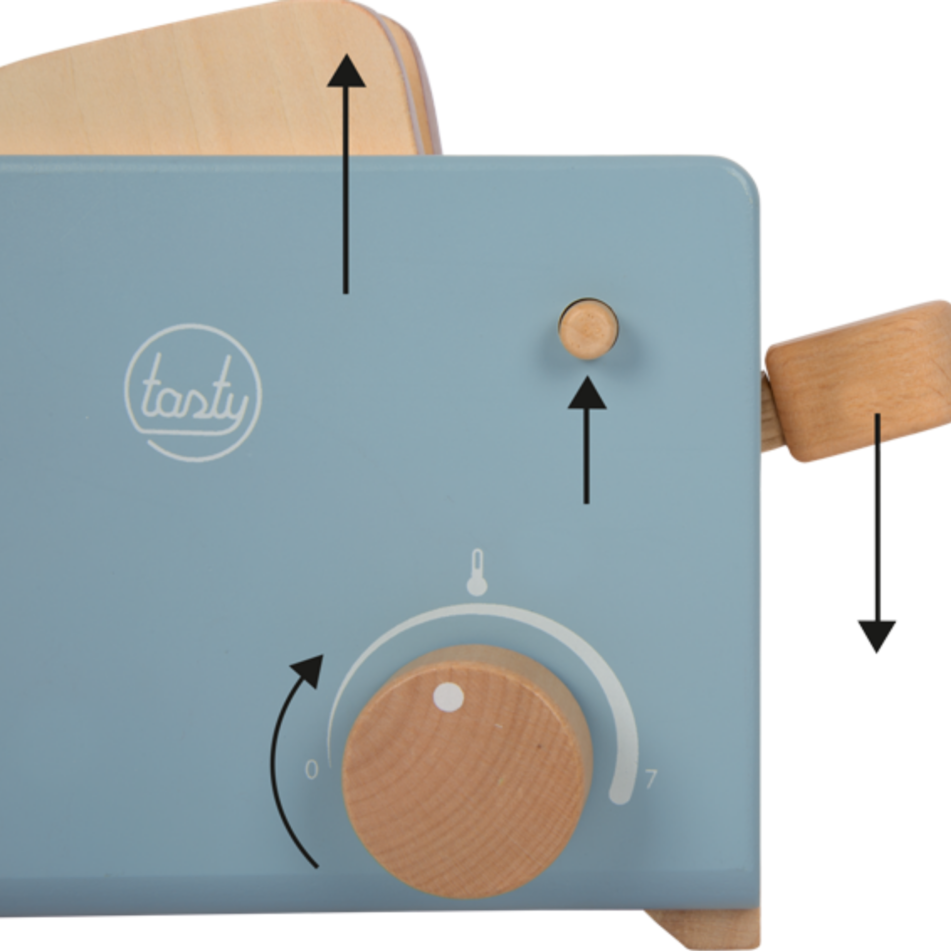 Torradeira de brinquedo azul e madeira com botões e texto tasty