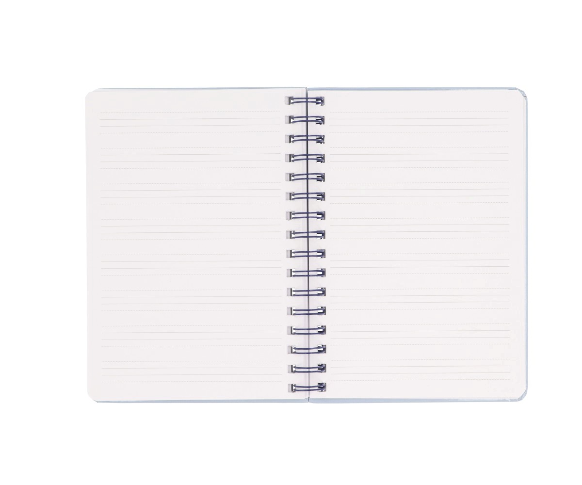 Caderno aberto com capa azul e folhas pautadas