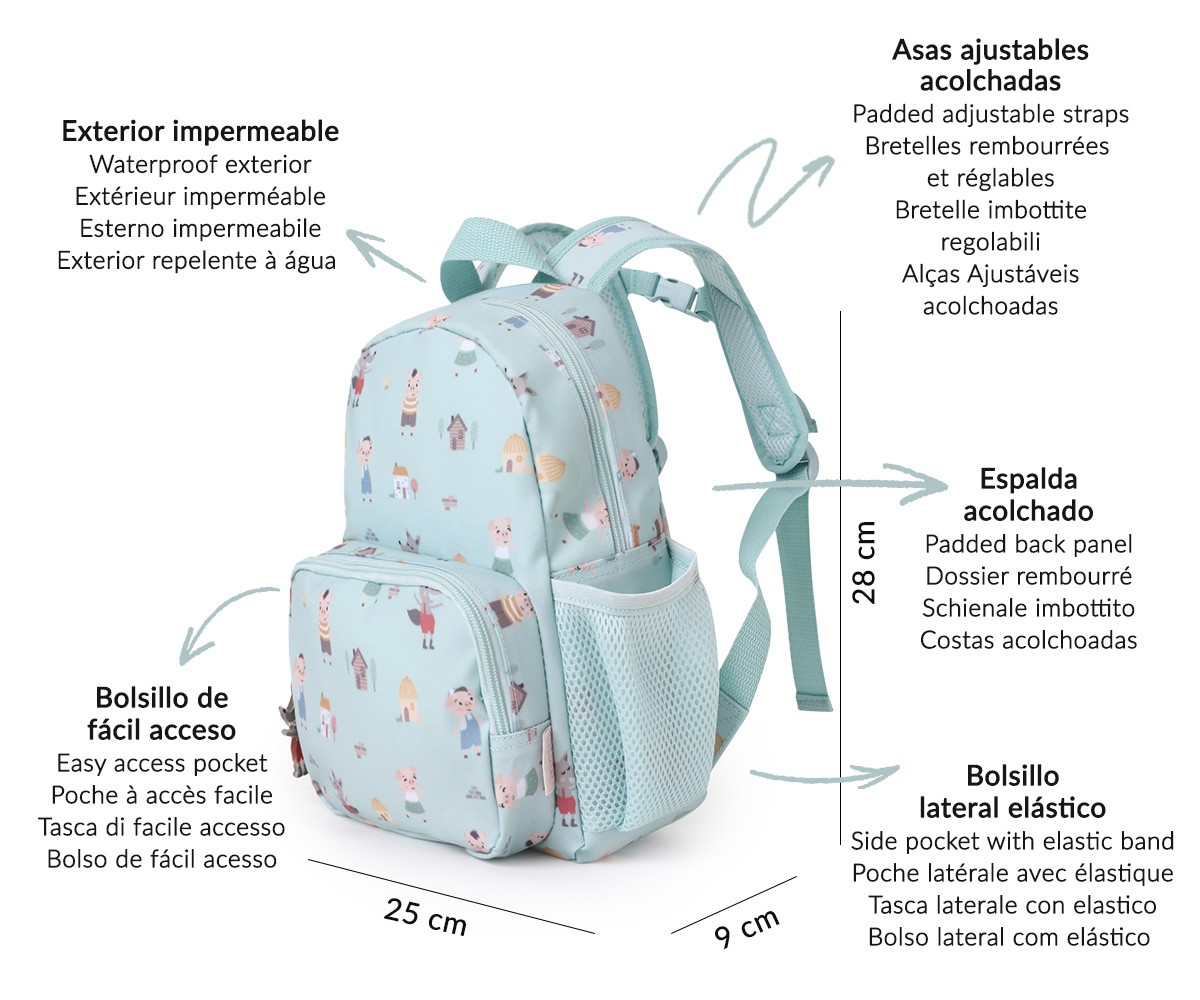 mochila azul claro impermeável com padrões de animais e várias divisórias