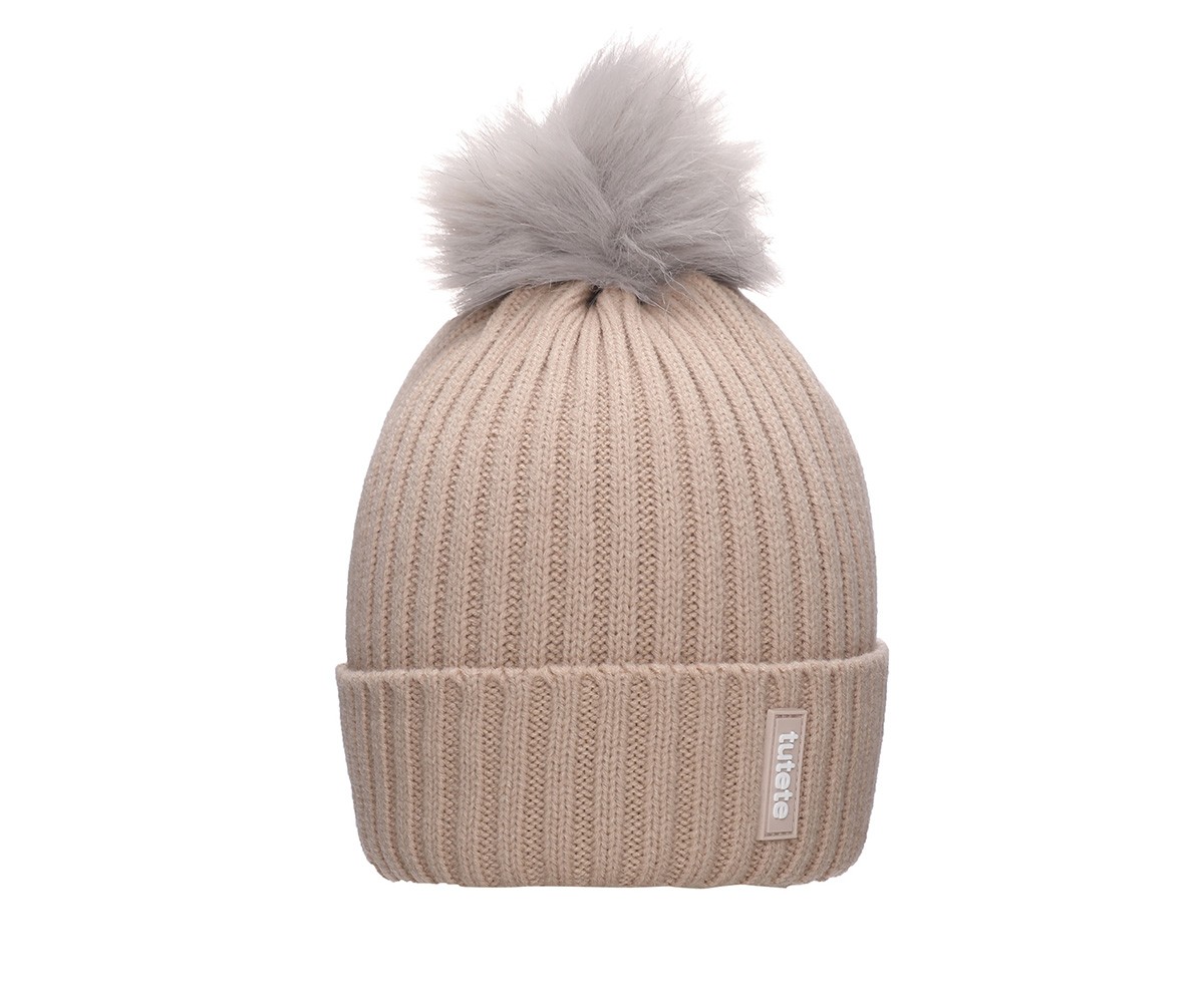 Gorro bege de malha com pompom cinza