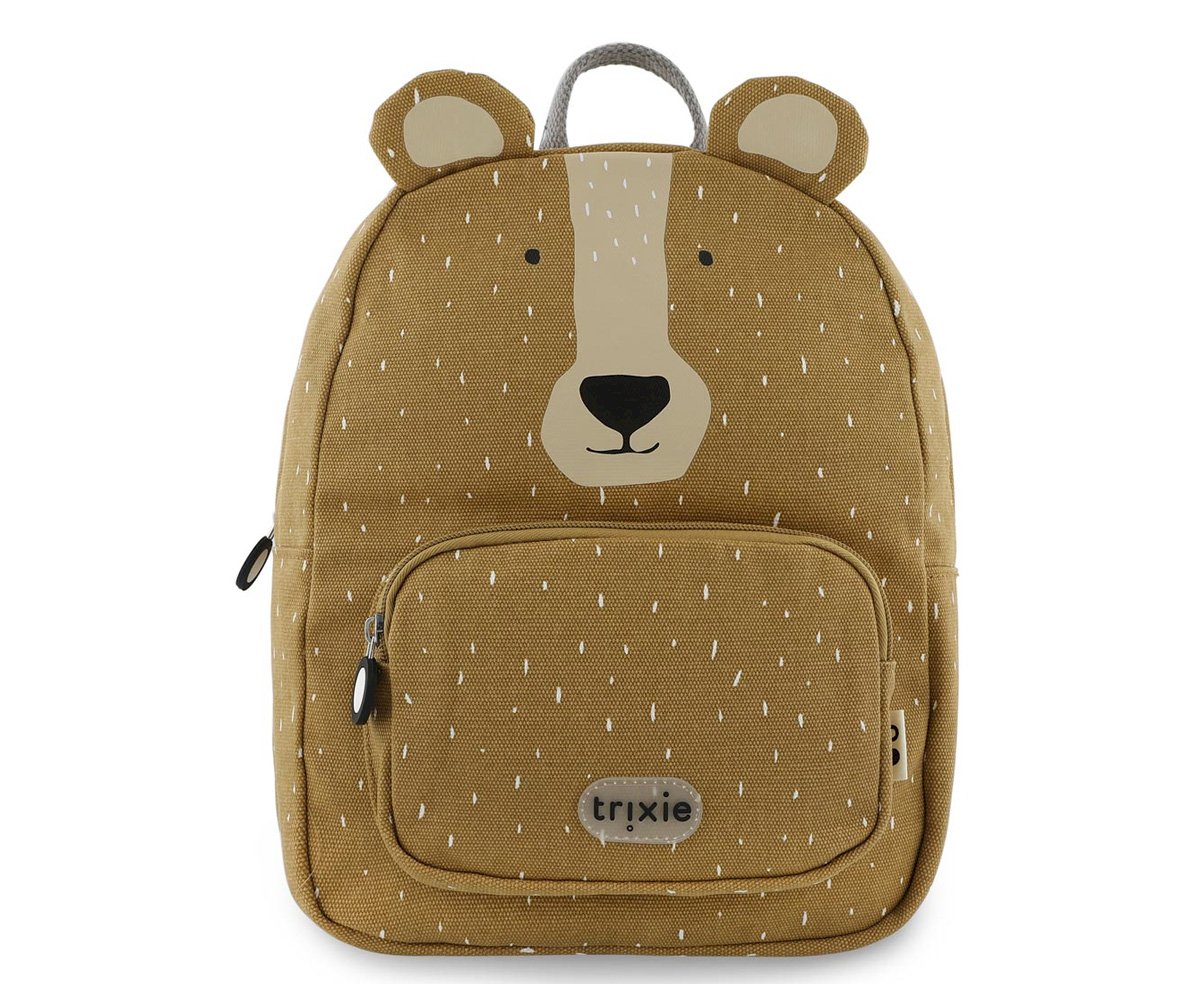 Mochila castanha clara para criança com cara de animal e orelhas