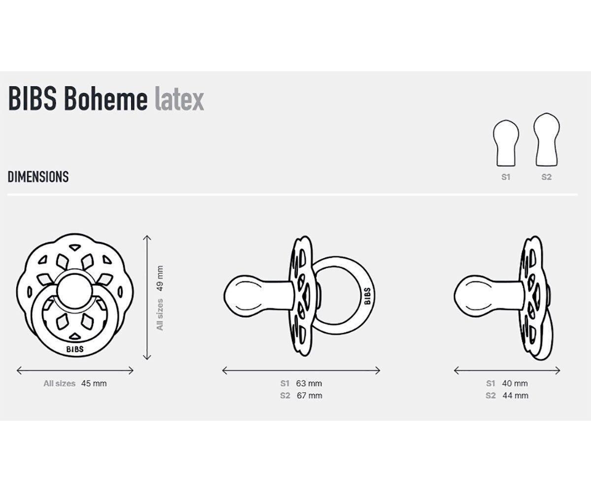 Desenho técnico de chupetas BIBS Boheme com dimensões em látex