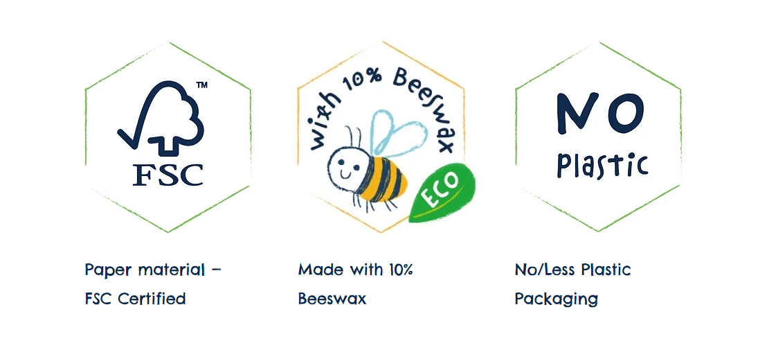 Selos de certificação para papel FSC, cera de abelha 10% e embalagem sem plástico