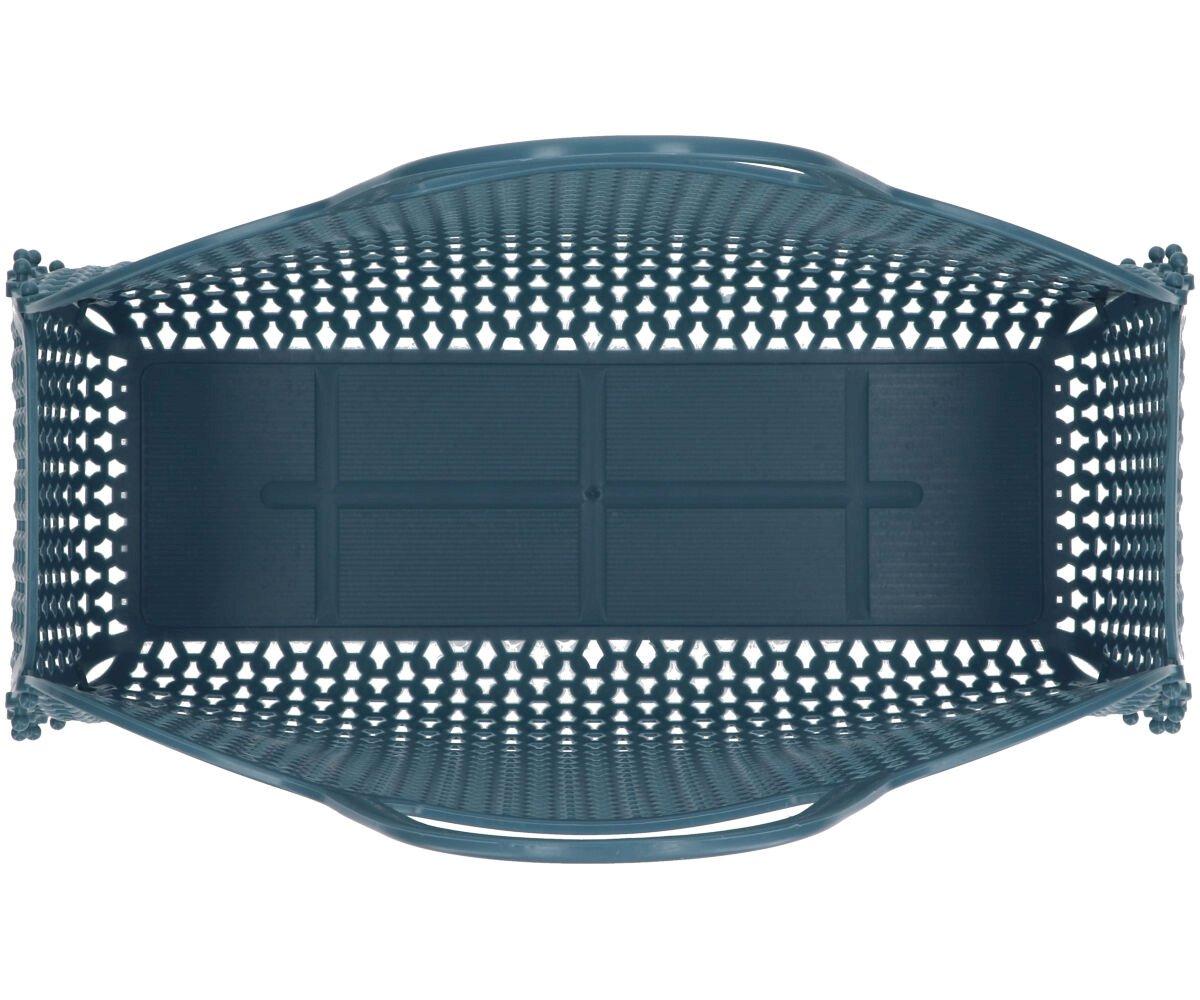 Cesto azul escuro com padrão de malha e fundo sólido visto de cima