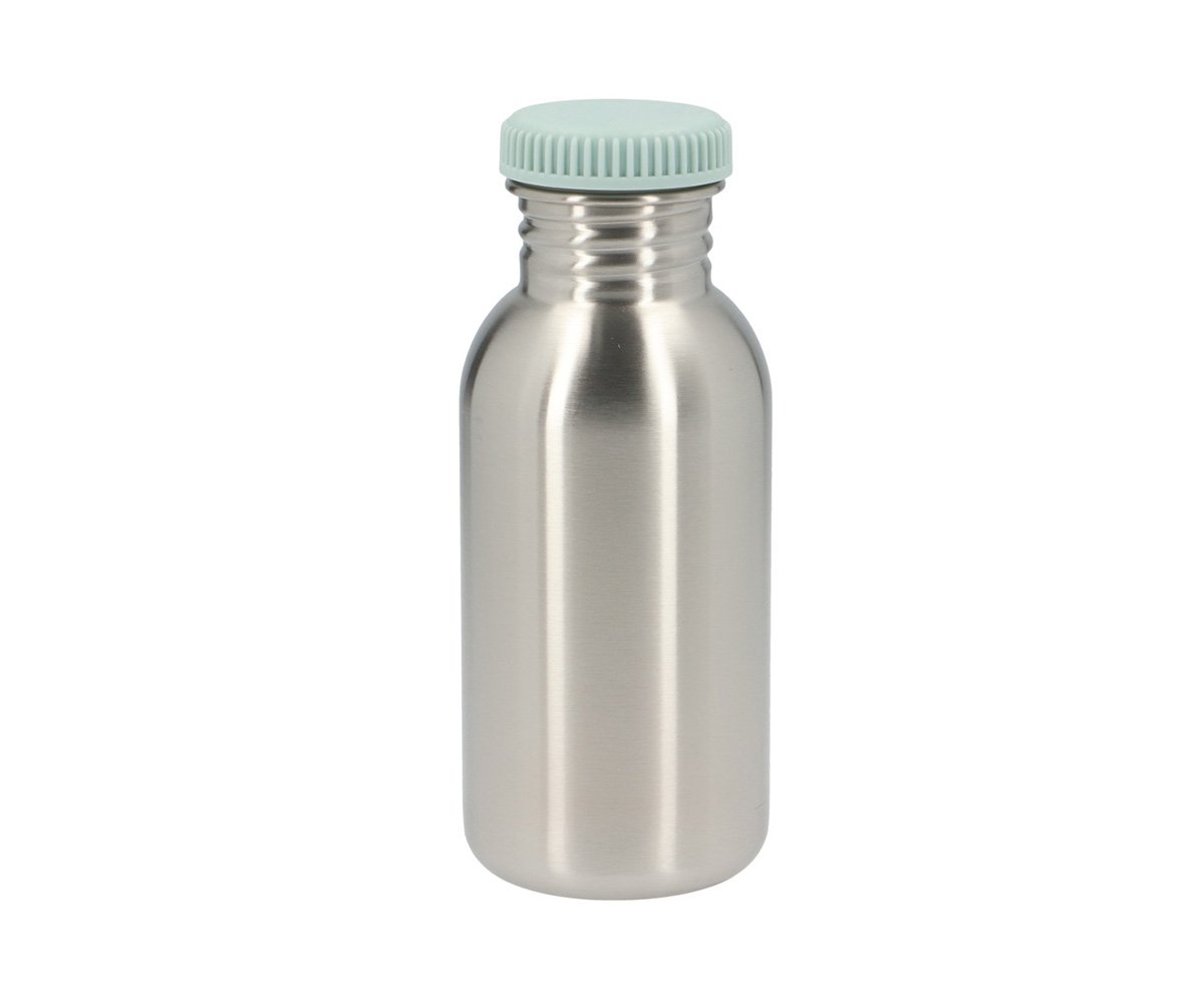 Garrafa metálica prateada com tampa azul clara de rosca