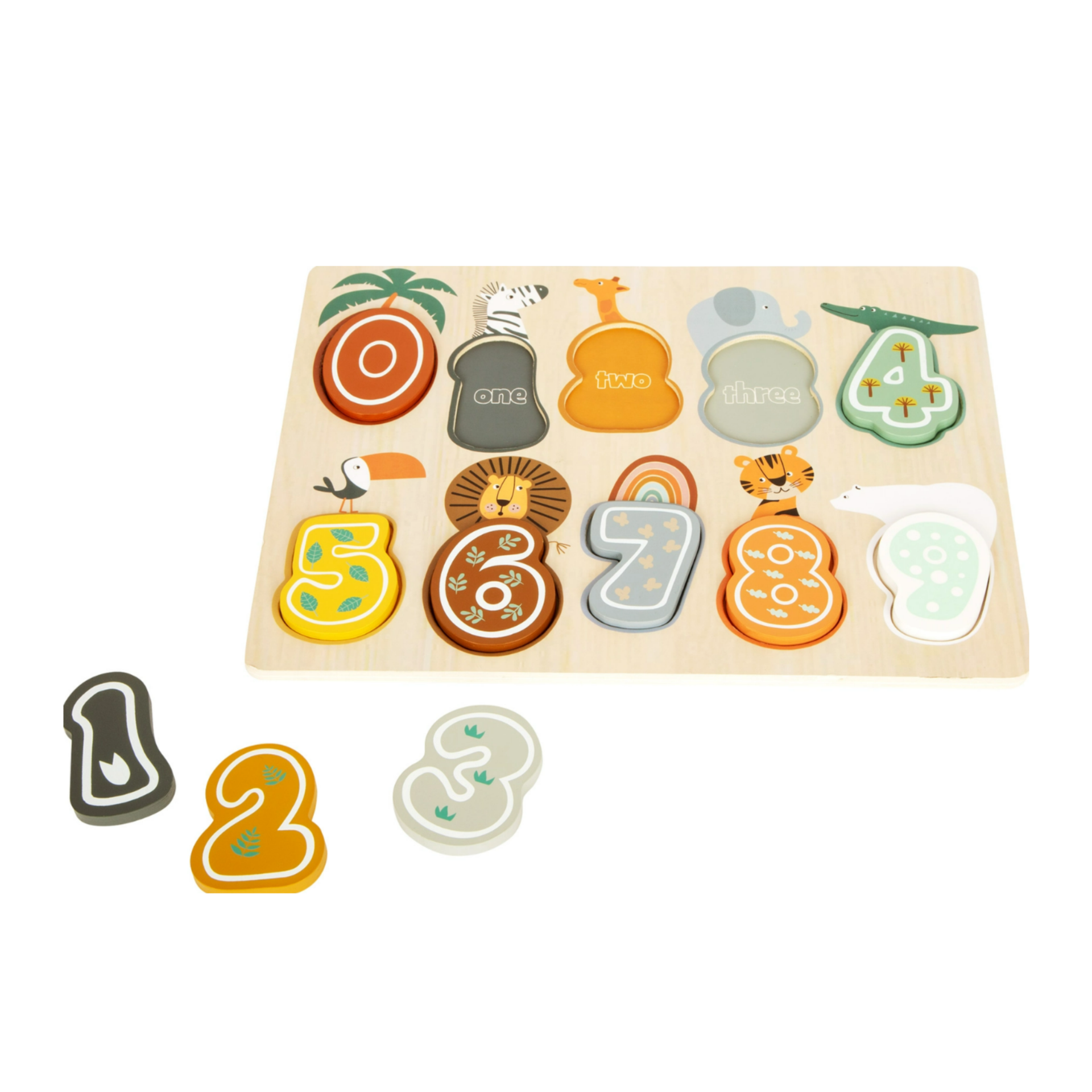Quebra-cabeça de madeira com números coloridos e desenhos de animais