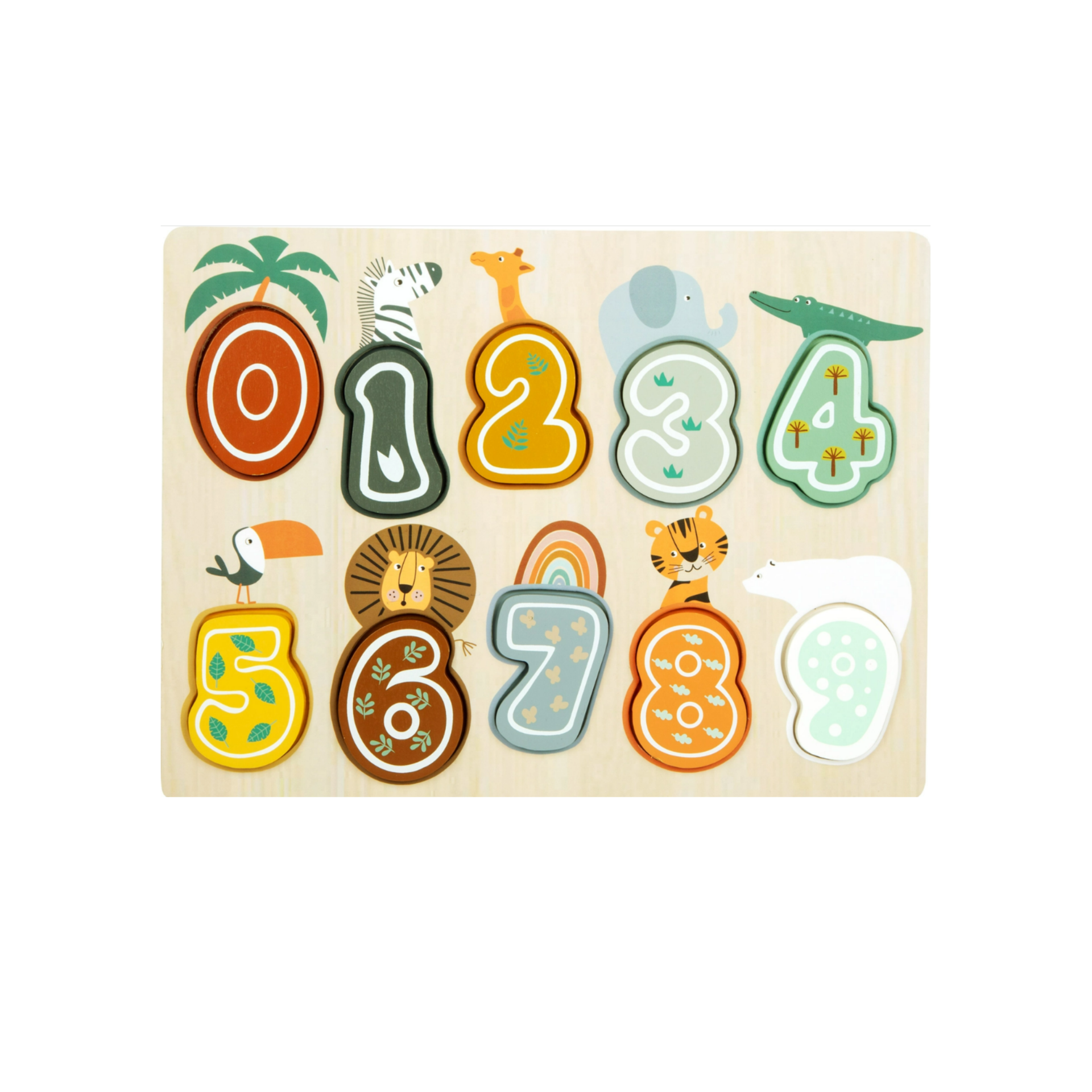 Peças de quebra-cabeça de madeira coloridas com números e animais