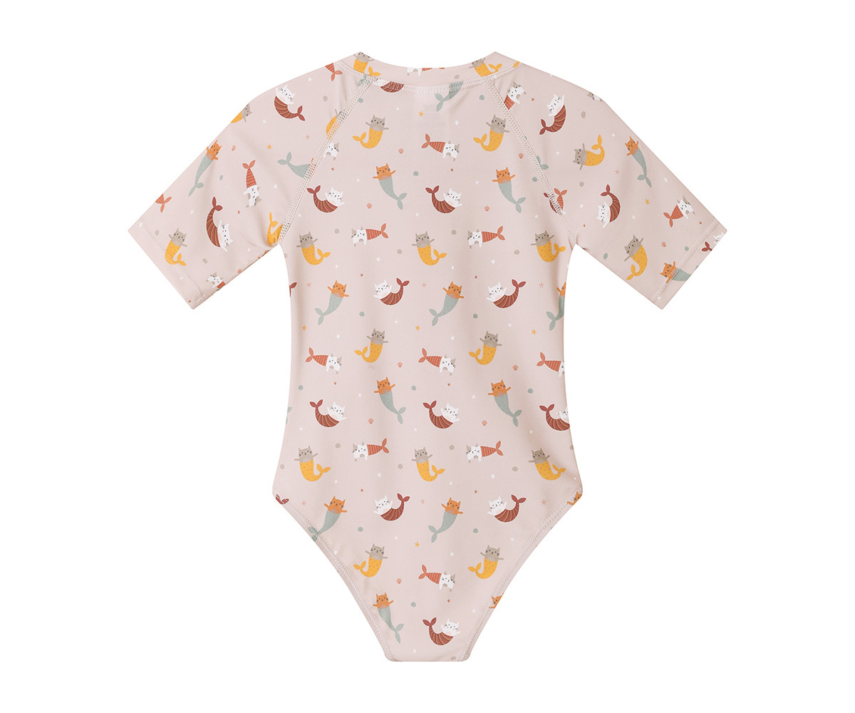 Fato de banho infantil cor de rosa claro com padrão de gatos sereia coloridos