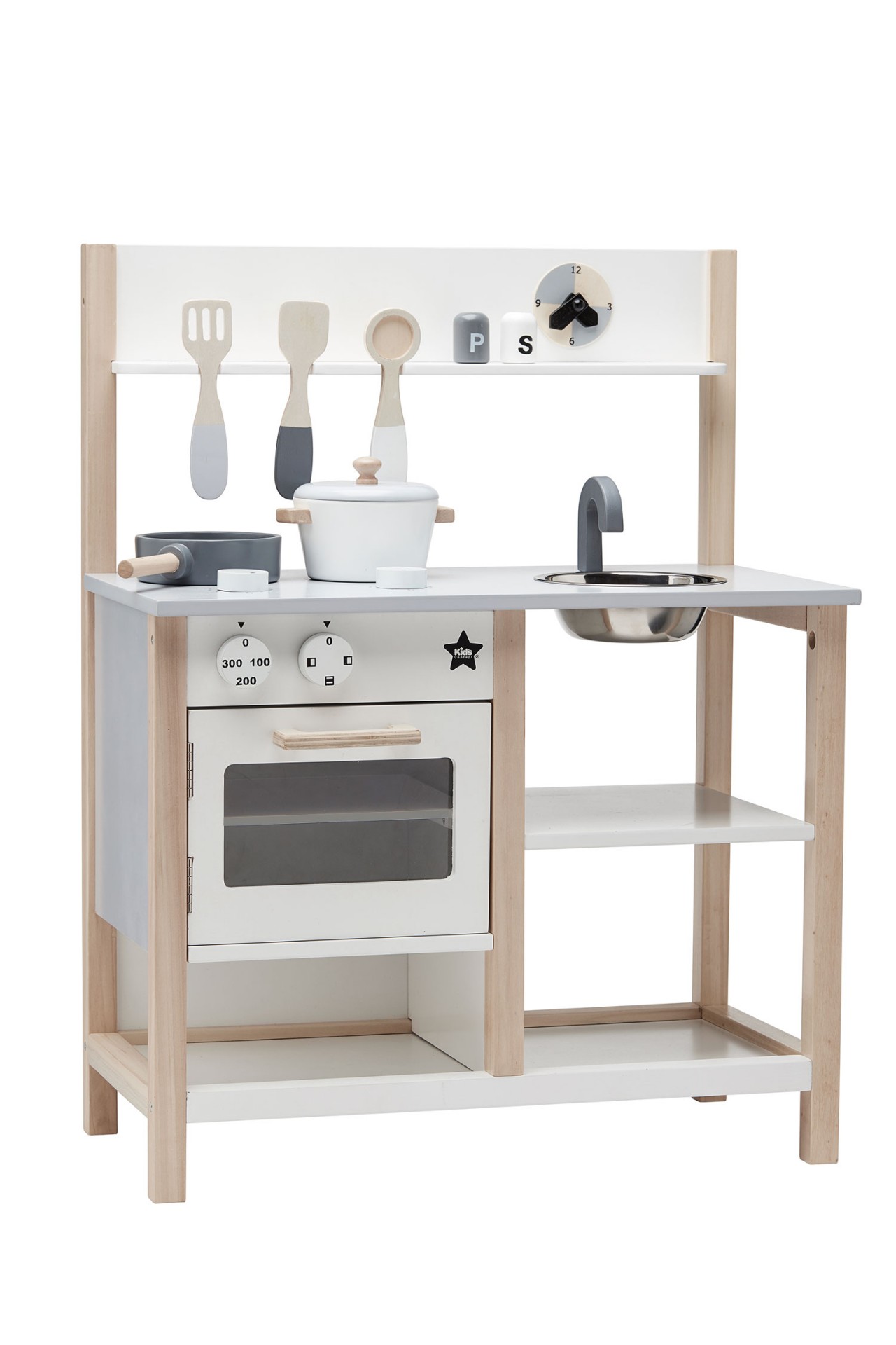 Cozinha de brincar infantil branca e natural com forno, utensílios e acessórios