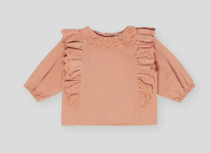 Blusa cor salmão para criança com folhos e mangas 3/4