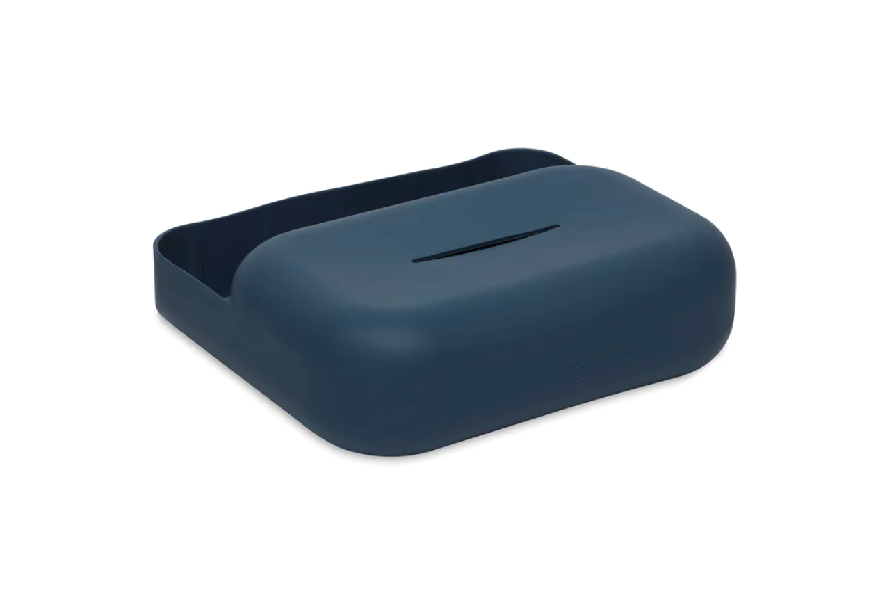 Porta sabão de plástico azul escuro com abertura no topo