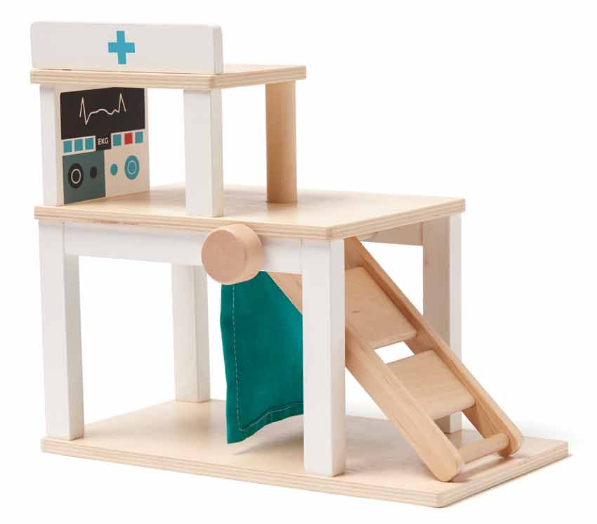 Brinquedo de madeira em forma de torre com rampa e painel decorativo