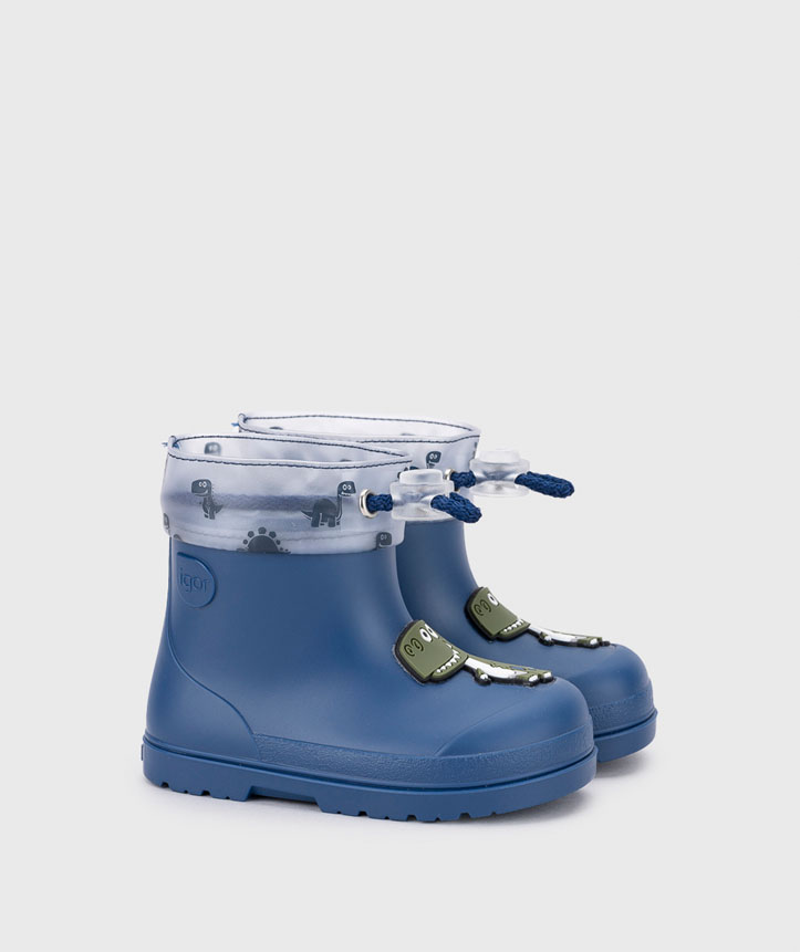 Botas de chuva azuis para criança com cordão ajustável e decoração no punho