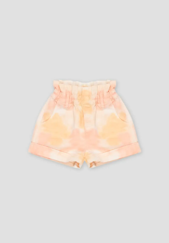Shorts em tons pastel cor de pêssego com cintura franzida