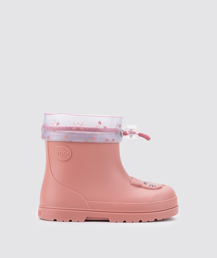 bota de chuva infantil rosa com punho ajustável branco e rosa