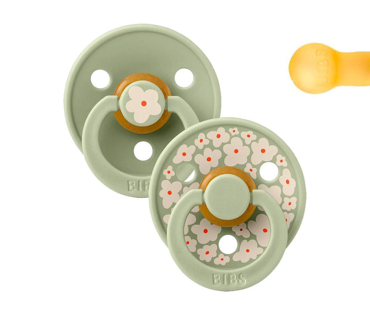 Conjunto de duas chupetas verdes com flores brancas e cor-de-rosa, silicone, marca BIBS.