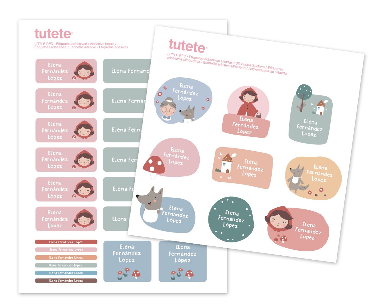 Etiquetas autocolantes coloridas com nome personalizado e ilustrações infantis