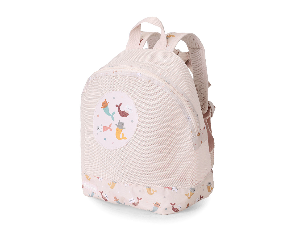 Mochila infantil rosa com gatinhos sereia e tecido mesh