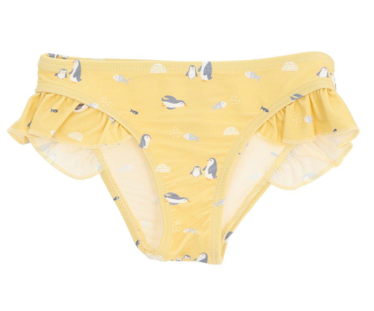Cueca de banho amarela com estampado de pinguins para criança