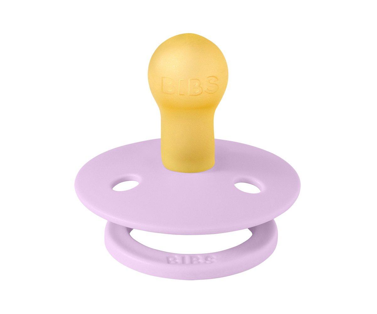 Chupeta para bebé amarela e lilás com texto BIBS