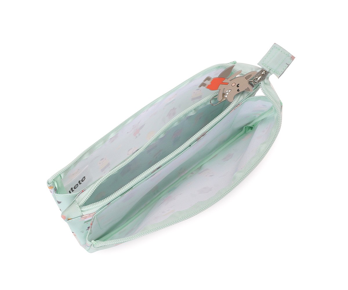 Necessaire verde água clara com fecho e ilustrações pequenas