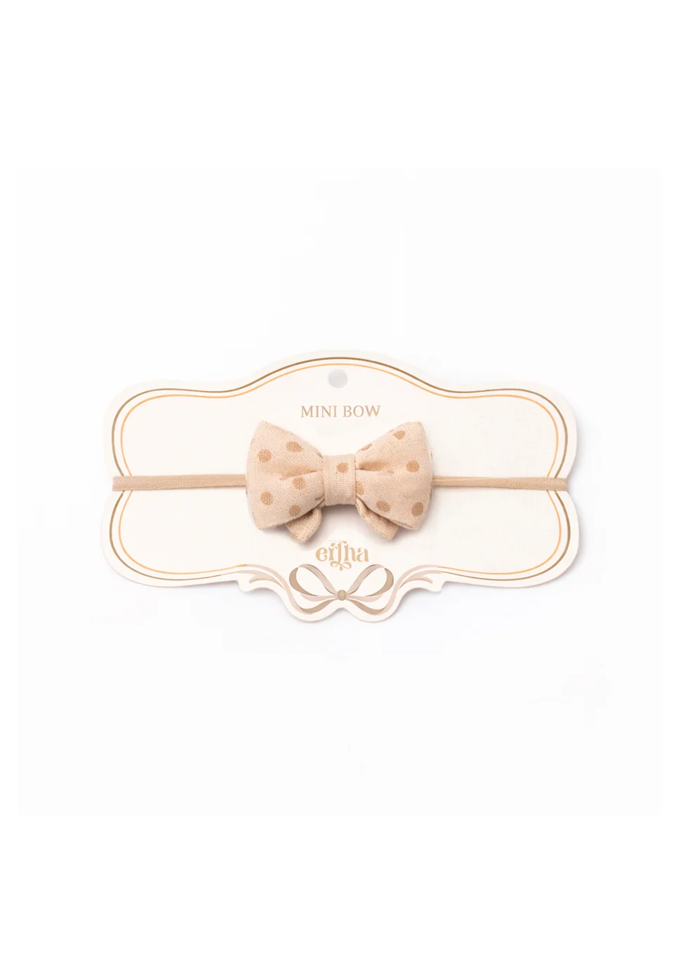 Laço mini bege com bolinhas em cartão branco e dourado