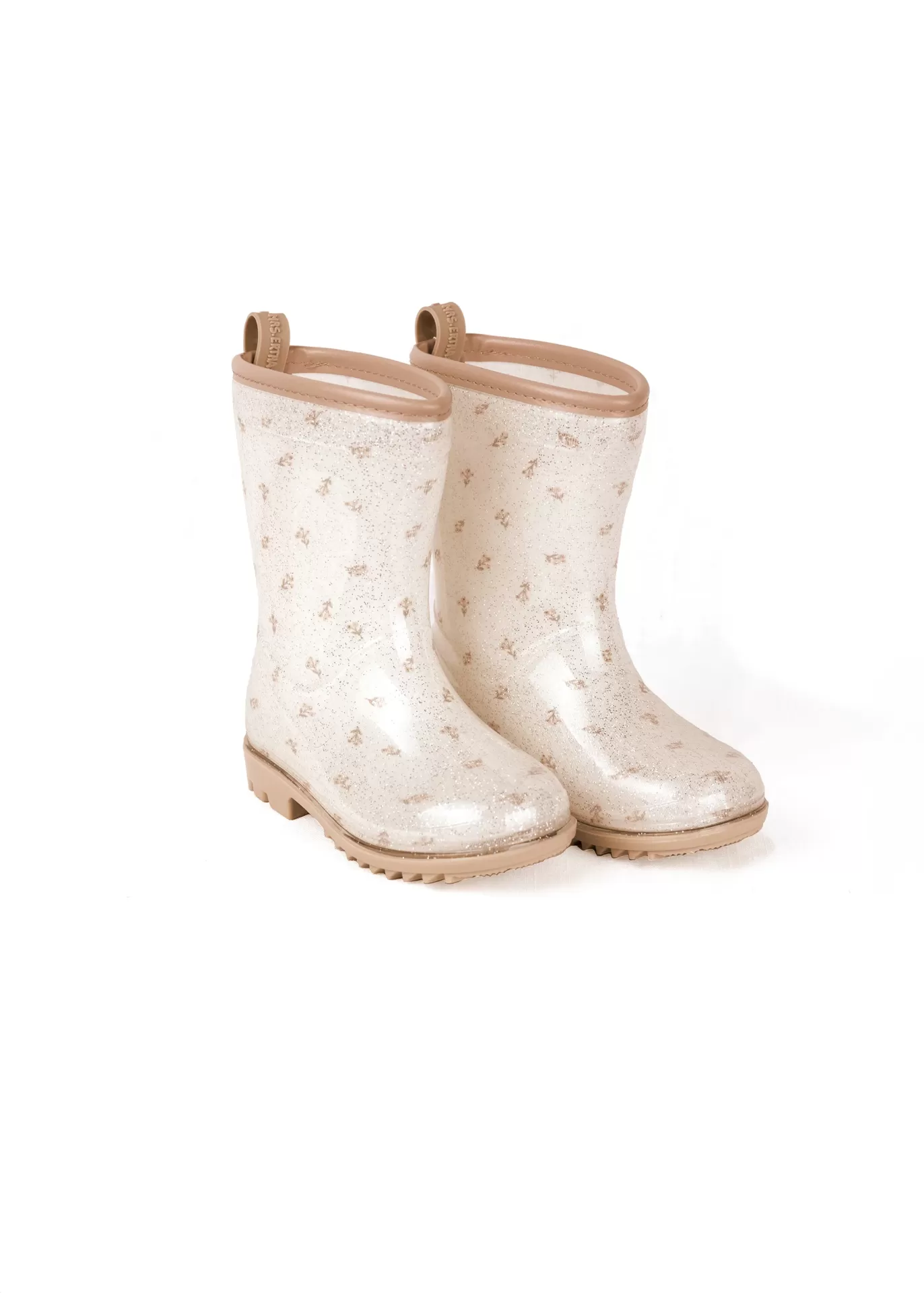 Botas de borracha brancas infantil com padrão colorido e acabamento bege