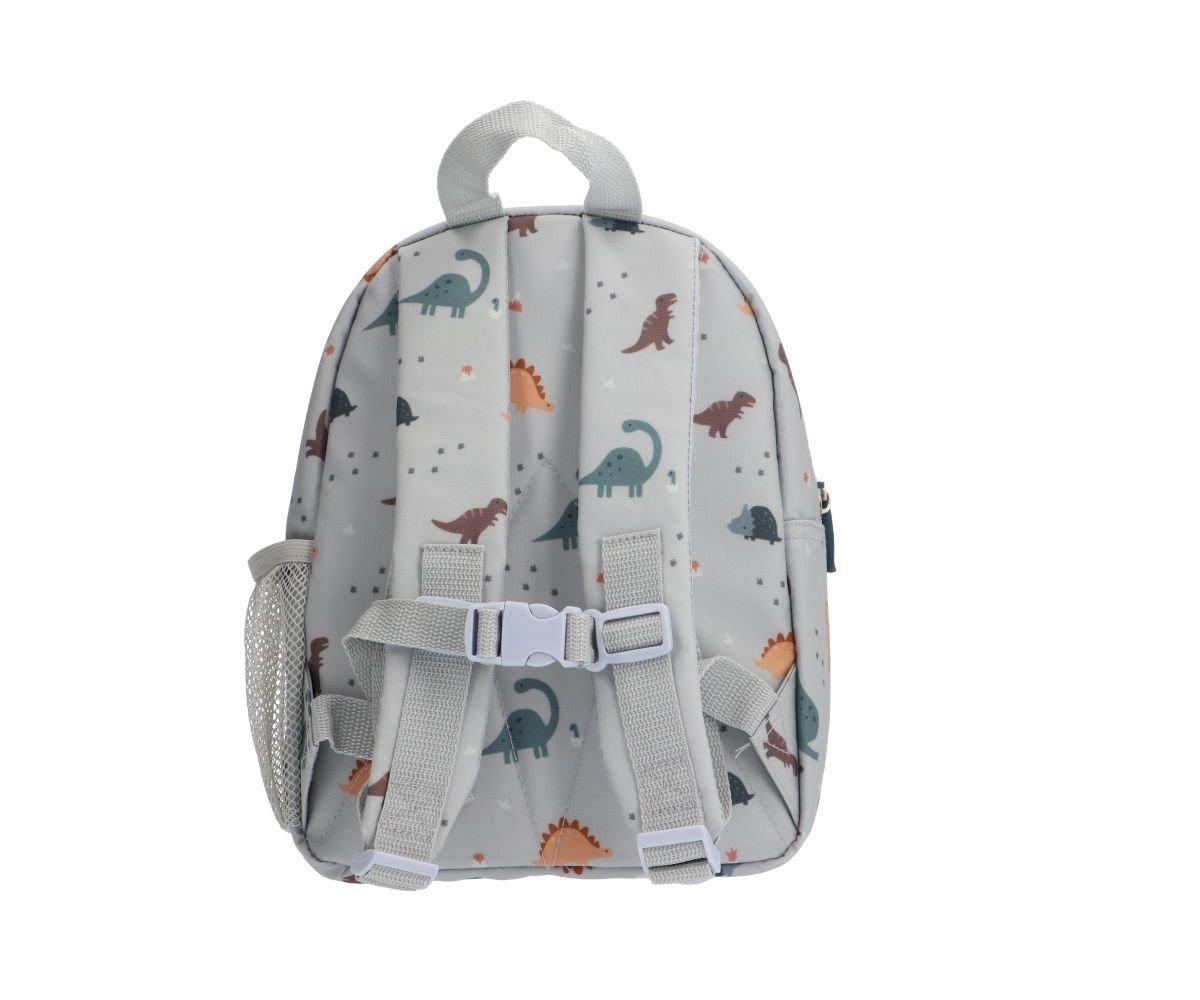 Mochila infantil cinza com padrão de dinossauros coloridos e alças ajustáveis